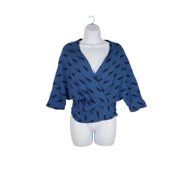 HEEL Athens Lab Dolman Wrap Top Blue Embroidered Half Sleeve One Size OS - Picture 1 of 8